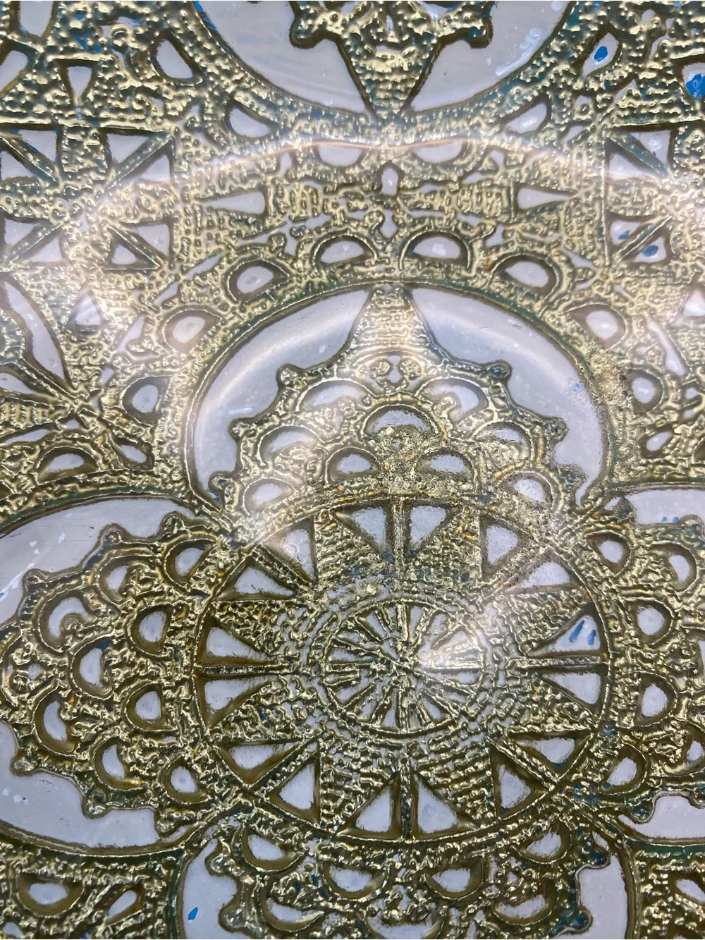 Artistic Accents Turkish Glass Oval Serving Bowl Gold Lace White Handmade 13